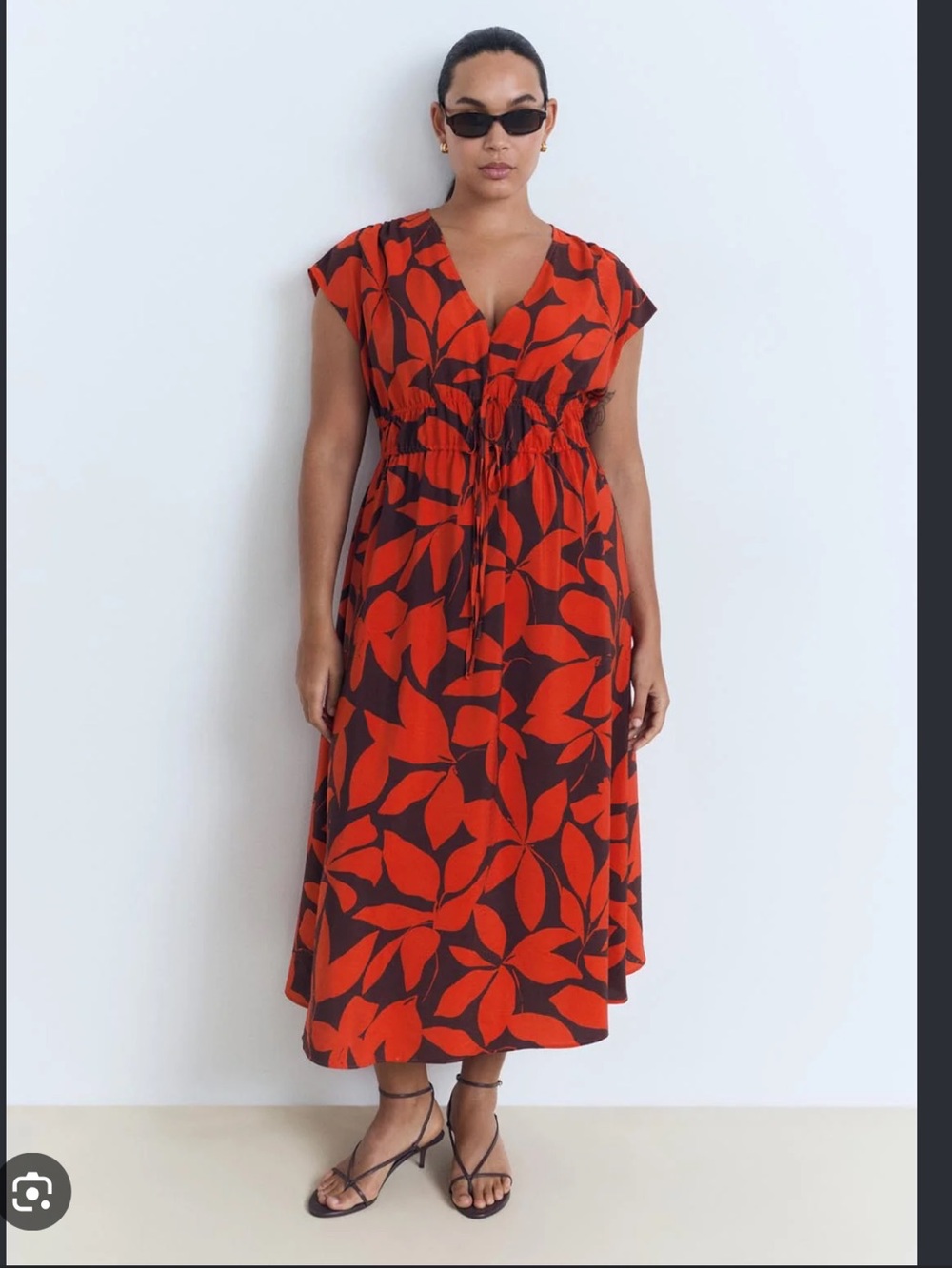 Mango Red and Black Leaf-Print Maxi Dress
